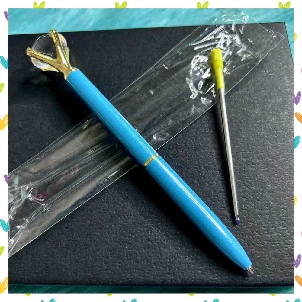 Diamond Top Metallic Blue Metal Ballpoint Pen + Black Ink Refill PinkRainCloud